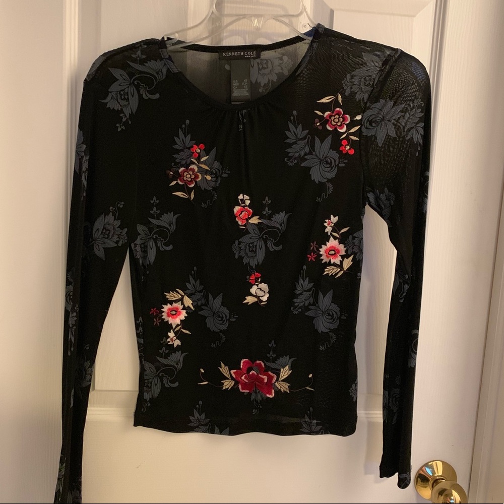 Kenneth Cole Black Lacy, Flowered Blouse
